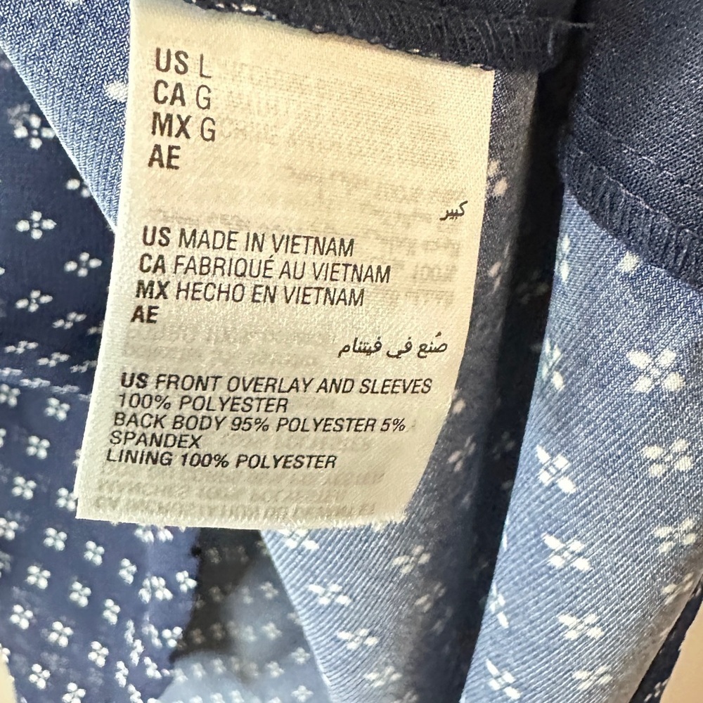 Charter Club New Blue & White Print Blouse Sheer Front Overlay Ruffle Sleeve, L - Picture 4 of 5